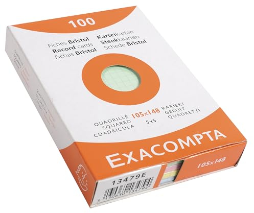 Exacompta - Réf. 13479E - Étui de 100 fiches bristol quadrillées 5x5 non perforées - format 105 x 148 mm - compatibles avec imprimante jet d'encre, laser et photocopieur - couleurs assorties