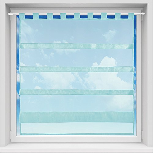 Bistrogardine in transparent mit Raffoptik, einfarbige und lichtdurchlässige Voile-Scheibengardine mit Schlaufe, in vielen Größen verfügbar (100 x 110 cm/türkis - Petrol)