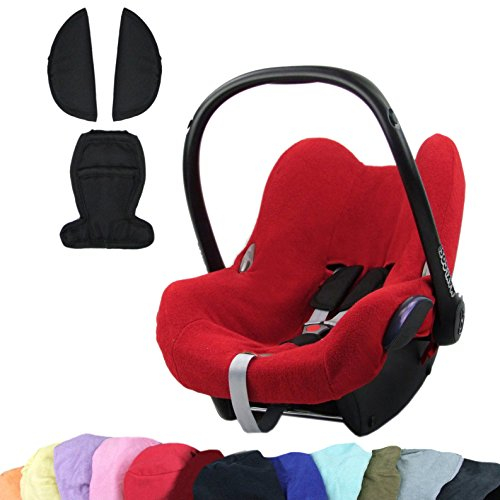 BAMBINIWELT KOMBI-ANGEBOT Sommerbezug, Schonbezug, Bezug aus Frottee + Gurtpolster für Maxi Cosi CabrioFix (rot +schwarz)