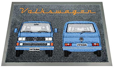 BRISA VW Collection - Volkswagen Fuß-Matte-Tür-Vorleger-Schuh-Schmutzfang-Abstreifer mit T3 Bulli Bus Motiv (Bus Front/Blau)