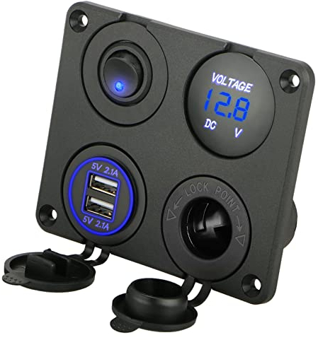 Linkstyle 4 in 1 12V Switch Panel, 4.2A Dual USB Outlet Charger Socket ON/OFF Waterproof Rocker Panel with Digital Voltmeter Cigarette Lighter Socket LED for Car Marine RV Boat Truck Trailer GPS, Blue