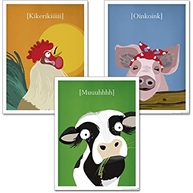Close Up Kinderzimmer Poster Bauernhof 3er-Set (30 x 40 cm | 11,8x15,7) Babyzimmer Deko Bilder, Tiere Kunstdruck - Hahn, Kuh & Schwein
