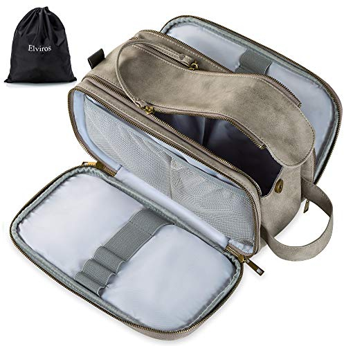Water-Resistant Leather Toiletry Bag for Men, Women Large Travel Wash Bag Shaving Dopp Kit Bathroom Gym Toiletries Makeup Organizer with Free Wet Dry Bag (Grey)