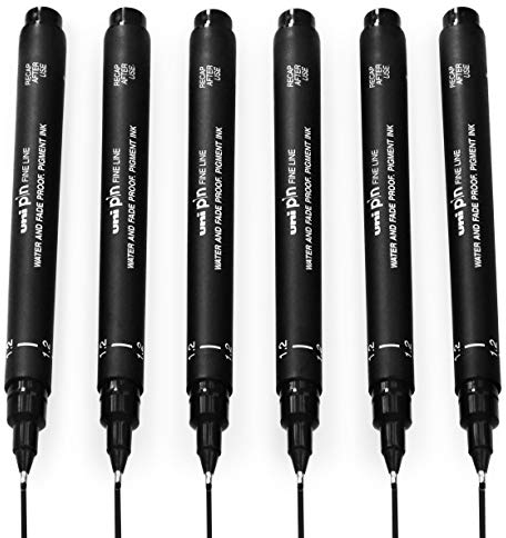 Uni Pin Fineliner Zeichenstift, schwarze Tinte, 1,2 mm Spitze, 6 Stück