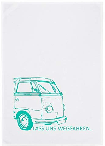 17;30 Geschirrtuch, 100% Baumwolle, humorvoller Spruch Lass Uns WEGFAHREN, umweltfreundlich, blau-grün-grau, 50x70 cm