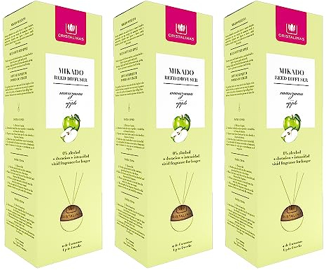 CRISTALINAS. Ambientador Mikado Premium. Difusor esférico con Varillas de ratán. 0% Alcohol.Mas de 4 semanas de duración. 20ml. Aroma Manzana. (3x20ml)