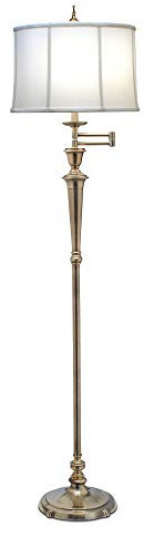 Floor Lamp - Swing Arm Reading Directional - Off White Camelot Shade - Burnished Brass - LED E27 60W Bulb