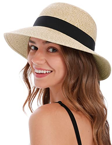 Sonnenhut für Damen, UV-Schutz, große breite Krempe, verstaubarer Sonnenhut für Damen, Strohhüte, Beige/Schwarz, 6 3/4/7 1/8
