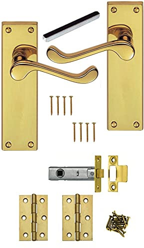 Golden Grace Polished Brass Scroll Long Plate Lever Latch Door Handles 150mm +Hinges & Latches