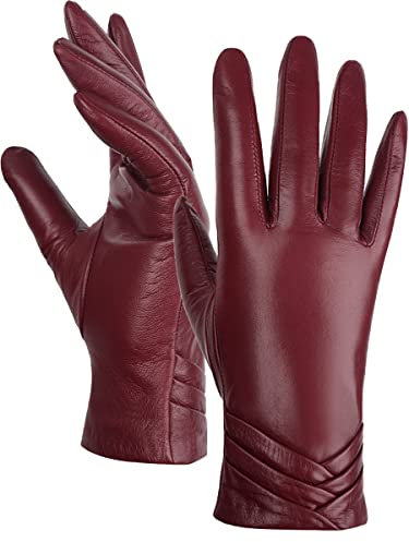 GSG SINCE 1998 Lederhandschuhe Damen aus chromfreiem Lammfell, Wollfutter,Thermo Handschuhe mit Touchscreen für Winter Burgund M