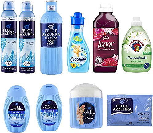 Italien Testpaket Felce azzurra Aria Casa Raumerfrischer Duschbad Bagnodoccia Körperpuder + Chante Clair Muschio bianco Weichspüler + Coccolino Ammorbidente Aria di Primavera Weichspüler 750ml