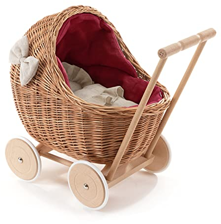 e-wicker24 DESAYER PUPPENWAGEN AUS WEIDE MIT LEINEN BETTWÄSCHE, Spielzeug AUS WEIDEN, NATÜRLICHE KINDERSPIELZEUG (Rot), 48x28 H47