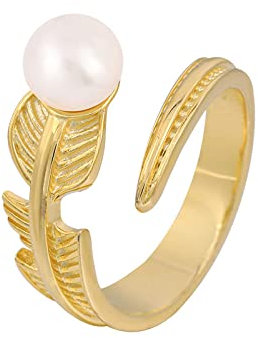 ASDFY Ringe Frauen,925 Sterling Silber Ring Einfache Persönlichkeit Mode Vergoldete Feder Perle Offene Verstellbare Ringe Schmuck Geschenke Für Jungen Mädchen Männer Frauen