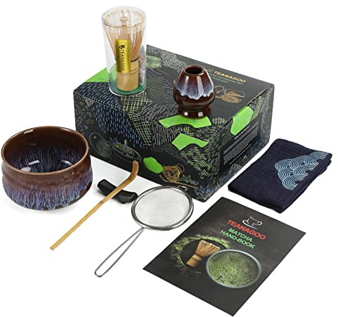 TEANAGOO Juego de té japonés, juego de batidor Matcha, cuenco Matcha, batidor Matcha de bambú (chasen), pala (chashaku), soporte para batidor Matcha, juego para hacer té. N6, juego de té Matcha