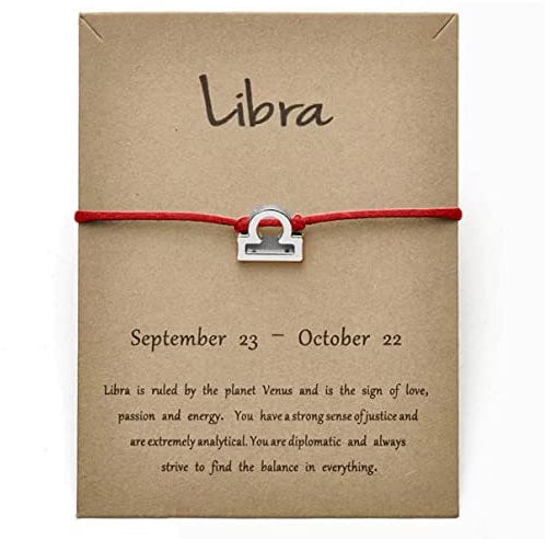 Silver Star Sign Red Rope Pendant Bracelet - Libra (23rd September - 23rd October) - Zodiac Constellation Horoscope Celestial Astrology Jewellery - Women Men Gift