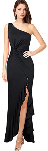 KOEMCY Vestido Mujer sin Mangas Vestido Largo Fiesta Sexy Bodycon Vestido con Abertura Ruffle Hem Vestido para Cóctel Fiesta Club (Negro,L)