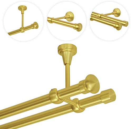 Gardinenstange 200 cm Deckenmontage | Vorhangstange 2 läufig Ø 19mm | Gold-Matt Messing Antik Vintage-Look Retro-Stil | FBALL