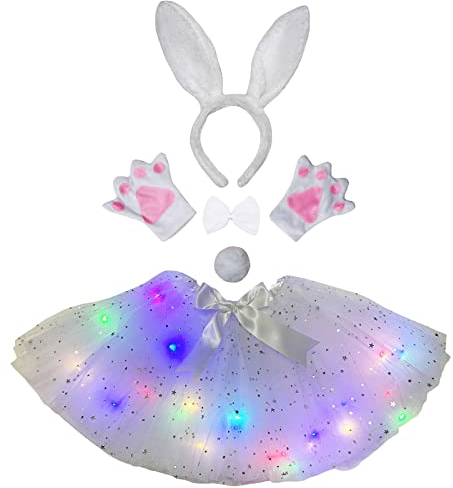 Petitebelle Bunny Stirnband Handschuhe Tutu 5pc Lady Kostüm (weiße LED, Einheitsgröße)