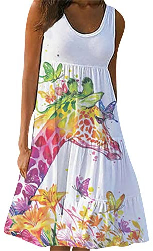 Yming Ärmelloses Blumenkleid Für Lässige Damen Überlagerte Kleider Mit Rundem Ausschnitt Sommer Midi Kleid Giraffe M