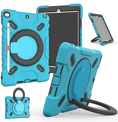 NLR FUN 4 Capas Prueba de Golpes Protectora Funda para iPad 9ª/8ª/7ª (10.2” iPad 2021/2020/2019) y iPad Air 3ª (10.5” iPad Air 2019), con Soporte/Asa, Portalápices, Correa para el Hombro (Azul)