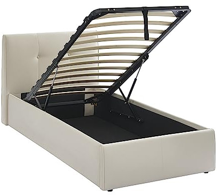 BAÏTA Seguro Bett mit Bettkasten, Velours, Beige, Creme, 90 x 190 cm, inkl. Lattenrost