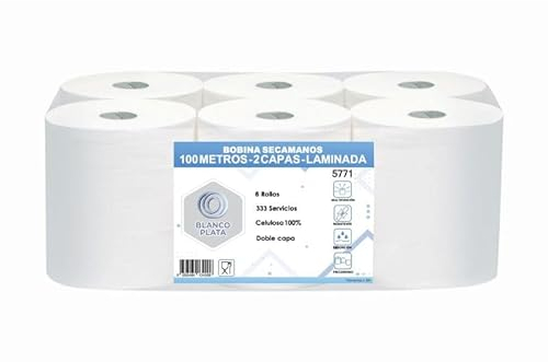 Bobina Papel secamanos mecha laminada 6 rollos de 100m 100% Celulosa Doble Capa