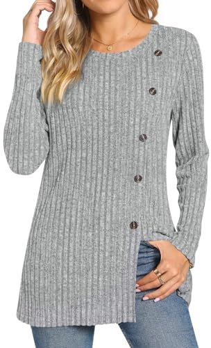 TAOHUADAO Women's Long Sleeve Jumpers Crewneck Tunic Tops with Button Sides Loose Casual Fall Sweater Shirts for Leggings XL, Light Grey