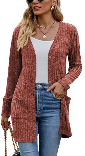 Famulily Damen-Strickjacke, langärmelig, vorne offen, Knopfleiste, V-Ausschnitt, leicht, Outwear, Pullover mit Taschen, ziegelrot, M