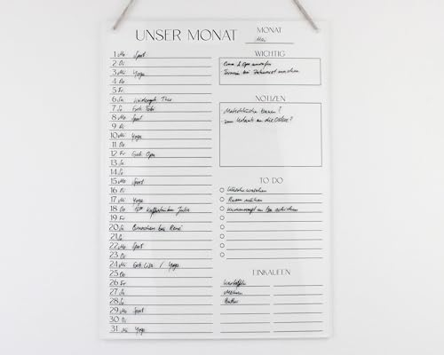 Monatsplaner A4 Acryl ohne Stift | Monatskalender | Wandplaner für den Monat abwischbar | Wandkalender undatiert | To Do Liste | Monatsplaner Acrylglas (A4)