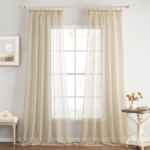 EMEMA 2er Set Sheer Voile Vorhang mit Kräuselband Transparente Gardine aus Voile Polyester Transparent Wohnzimmer Luftig Dekoschal für Schlafzimmer 140 X 260 cm (B x H) Beige