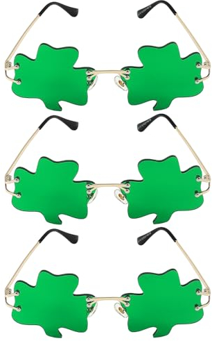 MoKo Kleeblatt Sonnenbrille, 3 Paar Kostümbrille Metallrahmen Grüne Brille Party Deko für St. Patrick's Day, Irische Kleeblatt Brille Kostüm Brille für Damen Herren Kinder, Dunkelgrün