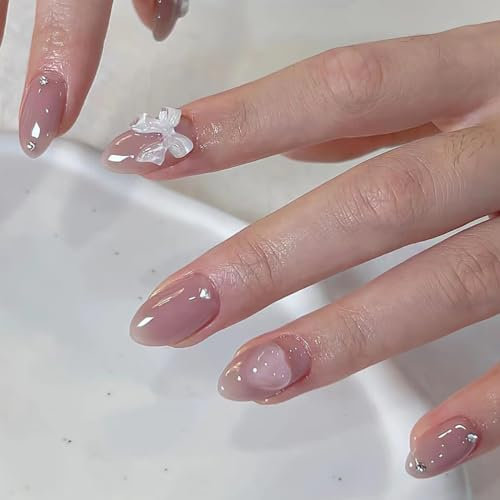 Faux Ongles Court MouyouGlow,Amande Nude Rose 3D Cœur Blanc Noeud Charms Coquette Press on Nails avec Colle à Ongles,Coréen Fake Nails