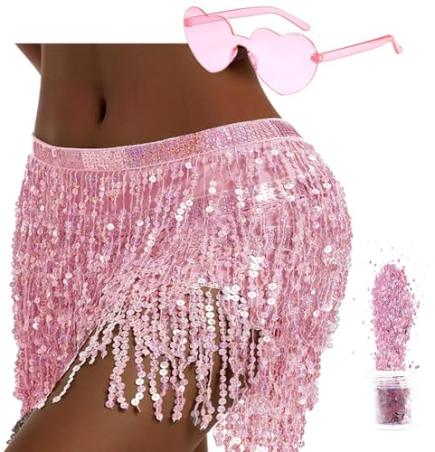 Pailletten Rock Damen Bauchtanz Hüfttuch,Glitzer Rock Damen für Halloween Karneval QuastenRock, Glitzerrock Bauchtanz Kostüm Damen und Mädchen (Polyester, Rose)