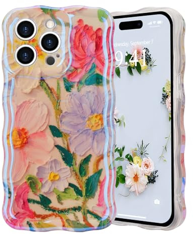 LAPOPNUT for iPhone 13 Pro Max Case,Colorful Flower Cute Curly Wave Frame Phone Case for Women and Girls,Floral Oil Painting Glossy Pattern Soft TPU Shockproof Cover for iPhone 13 Pro Max 6.7,Flower