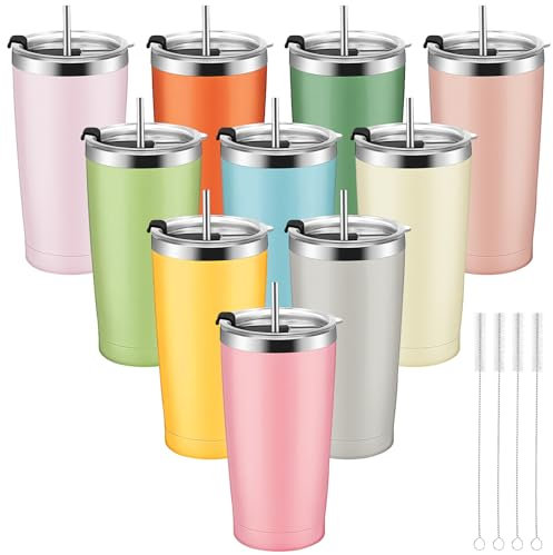10 Pack Travel Mug Bulk, Stainless Steel Vacuum Tumbler, 20 oz/568 ml Double Wall Coffee Cup Water Bottle with Lid and Straw for Cold Hot Drinks