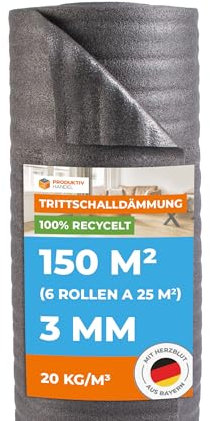 Trittschalldämmung 3mm Profi Basic 150m² | recycelte PE-Schaumfolie | 6 Rollen als Laminat- und Parkettunterlage zur Wärmedämmung | Fußbodenheizung geeignet