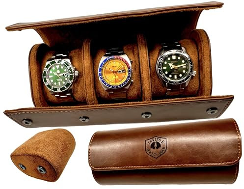JAVIER.R WATCH DOCK Estuche Organizador de Relojes para Viaje - Rollo de cuero PU (marrón Estuche CUERO PU para 3 Relojes - Caja/rollo/estuche de Viaje – Organizador para Hombre