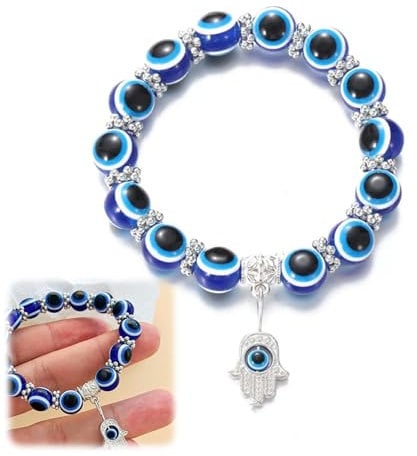 YzmrBdqc Evil Eye Blue Beaded Charm Stretch Bracelet,Evil Eye String Bracelets,Evil Eyes Bracelets,Hand of Fatima Handmade Black String Bracelet,Lucky Evil Eye for Protection and Blessing