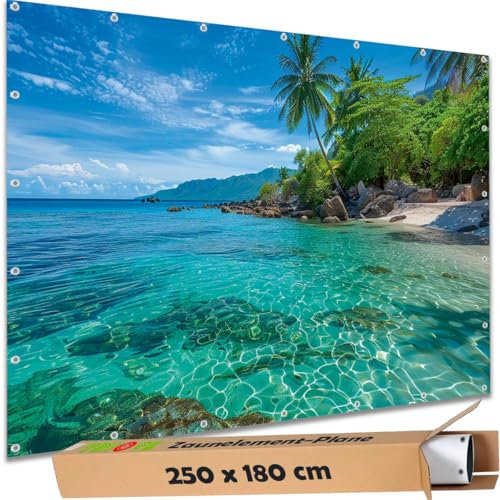 TRIOSK Sichtschutz Garten Deko Zaun Plane Blickdicht groß mit Zaunblende Motiv Malediven Felsen Strand Lagune für Zaunelement Doppelstabmatten Stabmattenzaun Gartenzaun PVC 250x180 cm