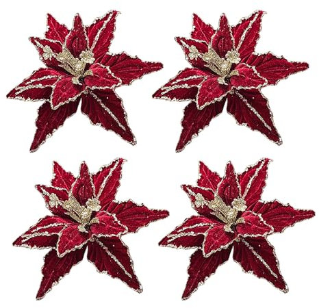 ZHDOKA 4 Pezzi di Stelle di Natale Artificiali Fiori di Natale, 10 Pollici Grandi Fiori di Stella di Natale Finta Fiori di Albero di Natale Fiori di Stella di Natale in Velluto (A)