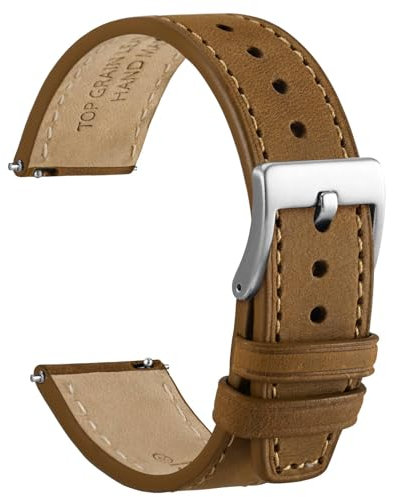 WOCCI 22mm Elite Uhrenarmband, Top Grain Leder, Schnellverschluss, Silberne Schnalle (Sand)