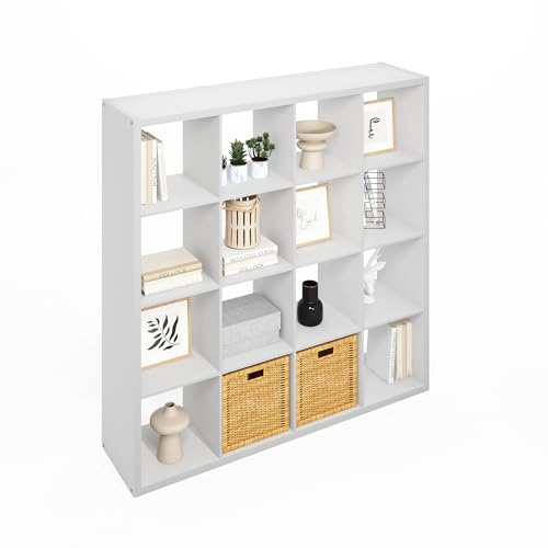 Furinno SIMPLE Cube Storage Organizer, 16-Cube Display Shelf, Open Back Shelving Unit, Storage Shelves, Extra Thick Frame, for Organization and Storage, Living Room, Home Office, White