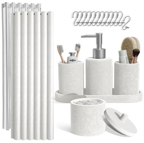 Clara Clark White Modern Bathroom Accessory Set, 19PC - Soap Dispenser, Toothbrush Holder, Shower Curtain Set