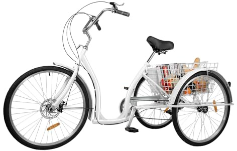 CHIMHOON 26 Zoll Dreirad Fahrrad,6-Gang 3 Räder Fahrrad mit Einkaufskorb,Schwarz/Weiß Dreirad für Erwachsene Senioren,Geeignet für Personen mit Einer Körpergröße von 5,4-6,07 Fuß (Weiß)