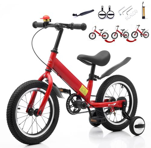 ZQHQKJ 14 Zoll Laufrad ab 2-5 Jahre mit Bremse – Höhenverstellbarer Sattel, 3 in 1 mit Stützrädern, Ultraleicht Kohlenstoffstahl (7KG), Sicher & Stabil – Kinder Balance Bike für Jungen/Mädchen,Rot