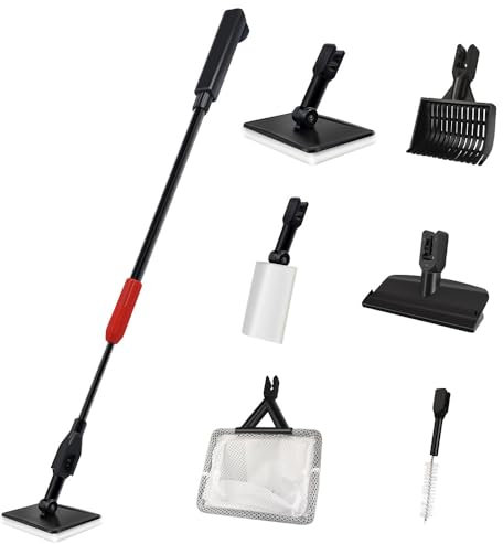 VANSUKY 6-in-1 Aquarium Cleaning Tool Set – Extendable Fish Tank Cleaner Kit with Net, Sponge Brush, Algae Scraper, Gravel Rake, Tube Brush – Durable Rustproof Plastic, 32.8-inch Handle