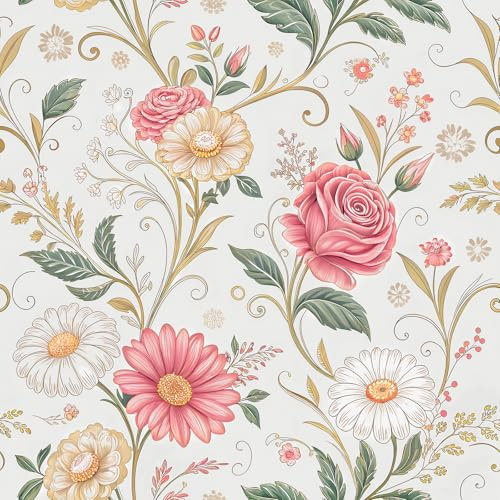 ReWallpaper Carta Da Parati Autoadesiva Floreale Vintage Rotolo Pellicola Adesiva Rosa Fantasia Fiori Adesivi per Mobili Porte Armadio Bianca Carta Da Parati Bagno Impermeabile 44.5CMx3M