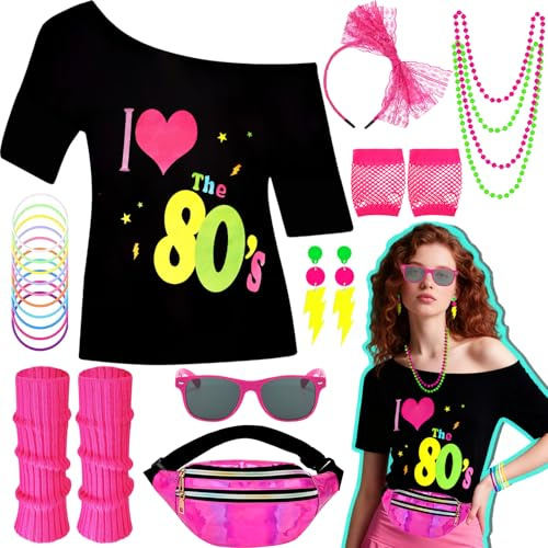 Saier tbo 19Pcs Déguisement Années 80 pour Femme, 1980s Ensemble d'Accessoires de Costume avec T-shirt Sac Banane Serre-Tête Lunettes Gants Jambières Collier pour 80's 90's Fête Carnaval