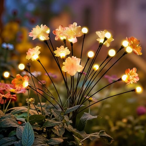PATIOPIA - Luces solares para jardín exterior, impermeables, 20 LED, con flores oscilantes, para caminos, patios (paquete de 2, blanco cálido)