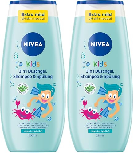 NIVEA KIDS 3in1 Duschgel, Shampoo & Spülung, Pflege und Reinigung für Kids mit magischem Apfelduft, extra milde, seifenfreie Haar- und Hautpflege für Kinder (250 ml) (Packung mit 2)
